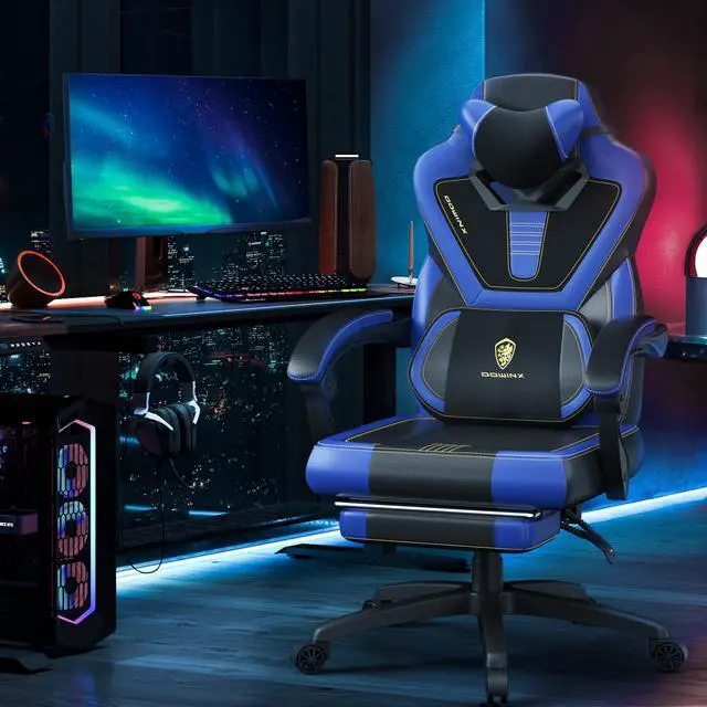 Alt view image 7 of 7 - Dowinx Gaming Chair with Footrest, Ergonomic Game Chair for Adults, Heavy-Duty Computer Chair, Massage Lumbar Support, Adjustable Recline and Storage Pouch For Home Office, Blue Leather