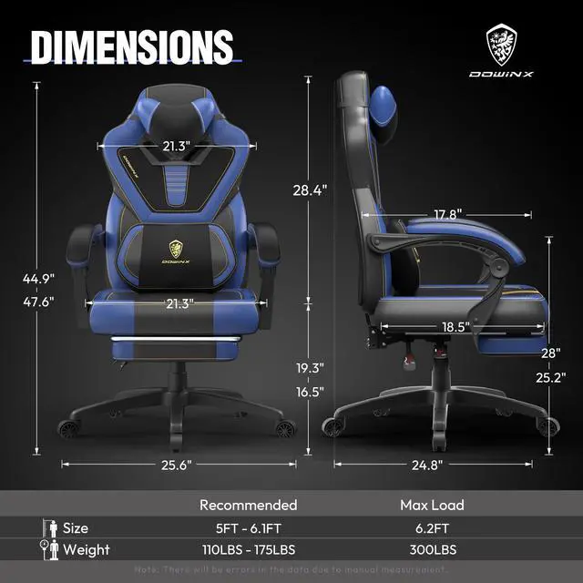 Alt view image 6 of 7 - Dowinx Gaming Chair with Footrest, Ergonomic Game Chair for Adults, Heavy-Duty Computer Chair, Massage Lumbar Support, Adjustable Recline and Storage Pouch For Home Office, Blue Leather