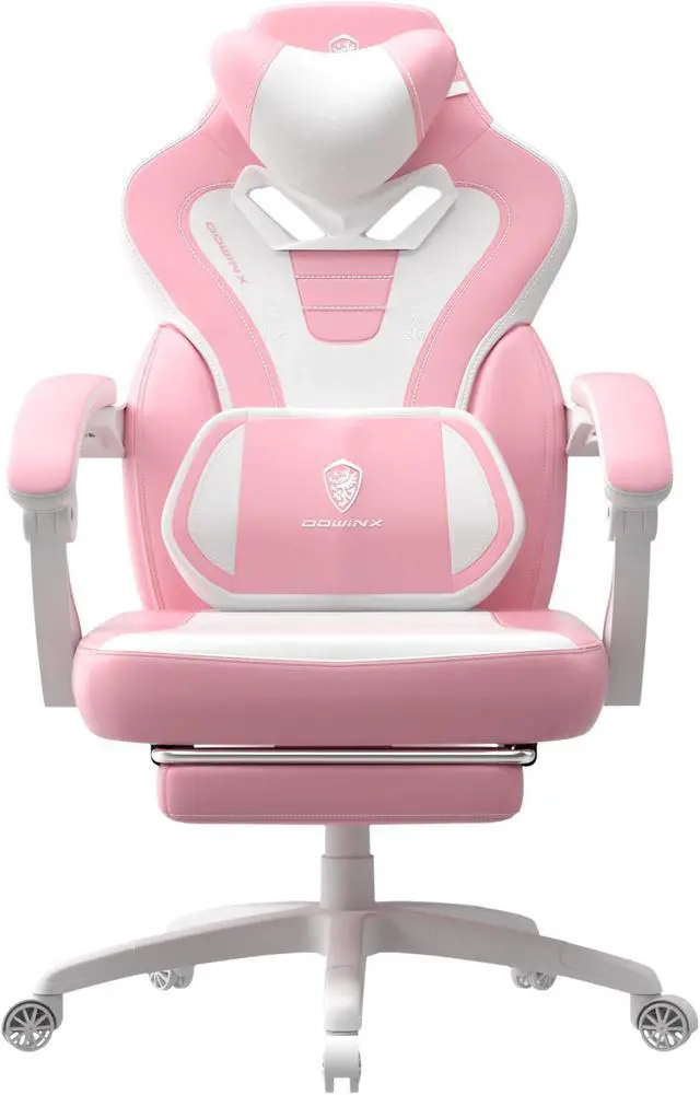 Main image of Dowinx Gaming Chair with Footrest, Ergonomic Game Chair for Adults, Heavy-Duty Computer Chair, Massage Lumbar Support, Adjustable Recline and Storage Pouch For Home Office, Pink Leather