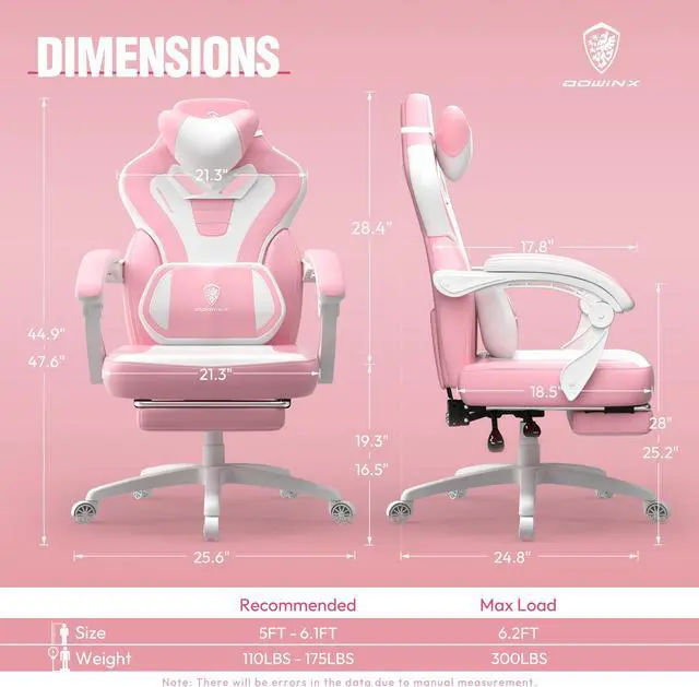 Alt view image 6 of 7 - Dowinx Gaming Chair with Footrest, Ergonomic Game Chair for Adults, Heavy-Duty Computer Chair, Massage Lumbar Support, Adjustable Recline and Storage Pouch For Home Office, Pink Leather