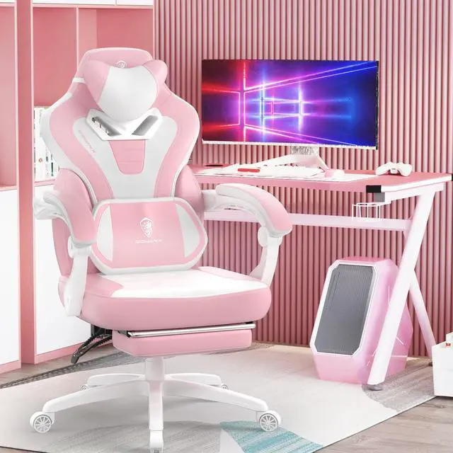Alt view image 7 of 7 - Dowinx Gaming Chair with Footrest, Ergonomic Game Chair for Adults, Heavy-Duty Computer Chair, Massage Lumbar Support, Adjustable Recline and Storage Pouch For Home Office, Pink Leather