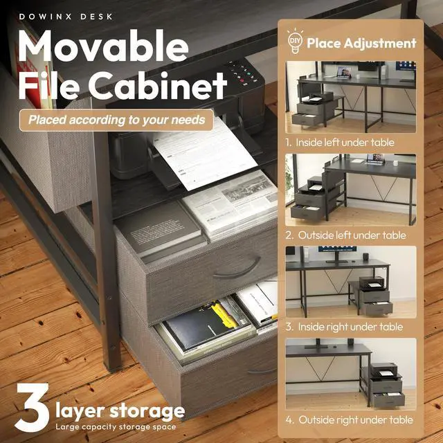 Alt view image 2 of 7 - Dowinx L Shaped Gaming Desk with Led Light and Pegboard 94.5 Inch Computer Corner Desk or 2 Person Long Table with Shelves Monitor Stand and Filing Cabinet for Home Office Black with Drawer