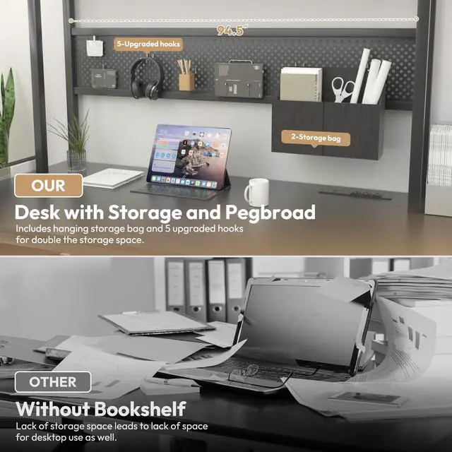 Alt view image 3 of 7 - Dowinx L Shaped Gaming Desk with Led Light and Pegboard 94.5 Inch Computer Corner Desk or 2 Person Long Table with Shelves Monitor Stand and Filing Cabinet for Home Office Black with Drawer