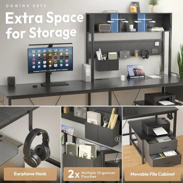 Alt view image 5 of 7 - Dowinx L Shaped Gaming Desk with Led Light and Pegboard 94.5 Inch Computer Corner Desk or 2 Person Long Table with Shelves Monitor Stand and Filing Cabinet for Home Office Black with Drawer