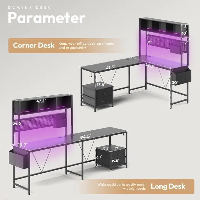 Alt view image 7 of 7 - Dowinx L Shaped Gaming Desk with Led Light and Pegboard 94.5 Inch Computer Corner Desk or 2 Person Long Table with Shelves Monitor Stand and Filing Cabinet for Home Office Black with Drawer