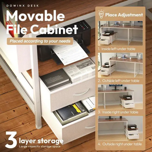 Alt view image 2 of 7 - Dowinx L Shaped Gaming Desk with Led Light and Pegboard 94.5 Inch Computer Corner Desk or 2 Person Long Table with Shelves Monitor Stand and Filing Cabinet for Home Office Brown with Drawer