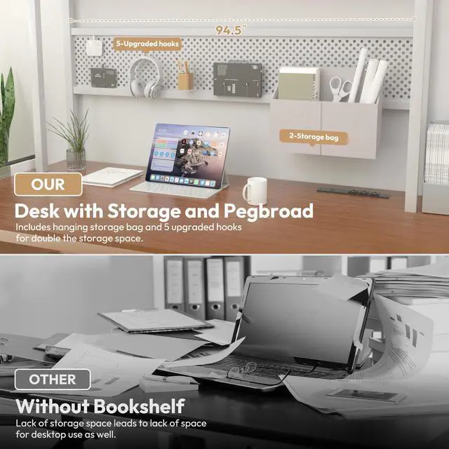 Alt view image 3 of 7 - Dowinx L Shaped Gaming Desk with Led Light and Pegboard 94.5 Inch Computer Corner Desk or 2 Person Long Table with Shelves Monitor Stand and Filing Cabinet for Home Office Brown with Drawer
