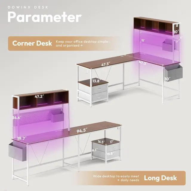Alt view image 7 of 7 - Dowinx L Shaped Gaming Desk with Led Light and Pegboard 94.5 Inch Computer Corner Desk or 2 Person Long Table with Shelves Monitor Stand and Filing Cabinet for Home Office Brown with Drawer