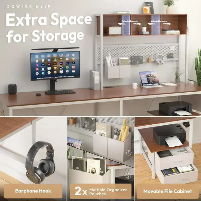 Alt view image 5 of 7 - Dowinx L Shaped Gaming Desk with Led Light and Pegboard 94.5 Inch Computer Corner Desk or 2 Person Long Table with Shelves Monitor Stand and Filing Cabinet for Home Office Brown with Drawer