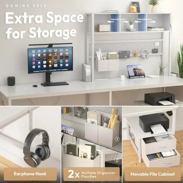 Alt view image 5 of 7 - Dowinx L Shaped Gaming Desk with Led Light and Pegboard 94.5 Inch Computer Corner Desk or 2 Person Long Table with Shelves Monitor Stand and Filing Cabinet for Home Office Wihte with Drawer