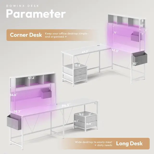 Alt view image 7 of 7 - Dowinx L Shaped Gaming Desk with Led Light and Pegboard 94.5 Inch Computer Corner Desk or 2 Person Long Table with Shelves Monitor Stand and Filing Cabinet for Home Office Wihte with Drawer