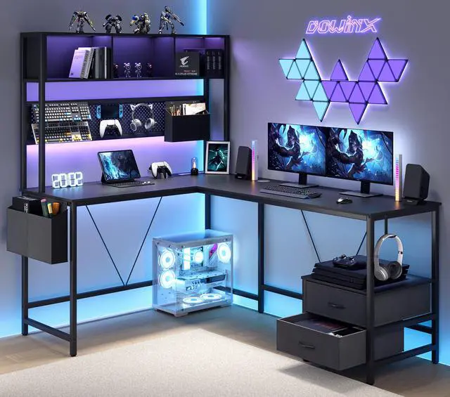 Main image of Dowinx L Shaped Gaming Desk with Led Light and Pegboard 94.5 Inch Computer Corner Desk or 2 Person Long Table with Shelves Monitor Stand and Filing Cabinet for Home Office Black with Drawer