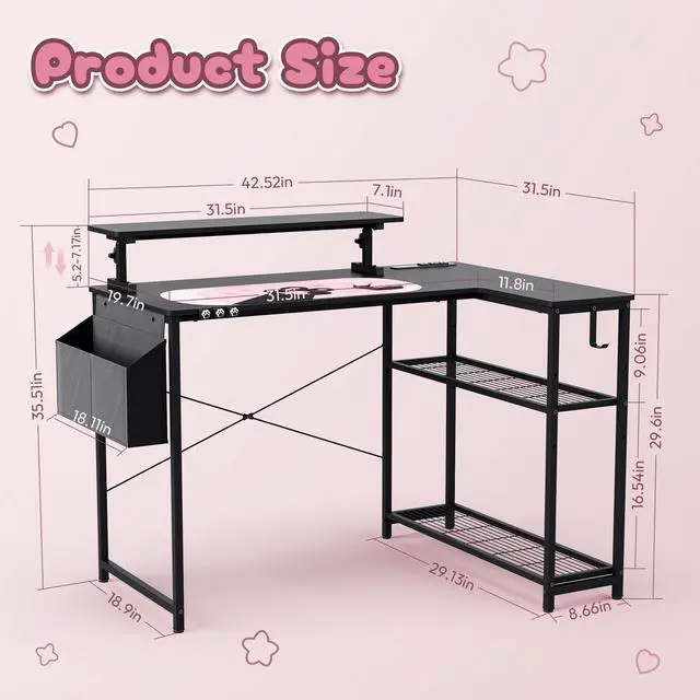 Alt view image 6 of 6 - Dowinx L-Shaped Gaming Desk with Cat Accessories - 43-Inch Black & Pink, Built-in Power Outlet, Monitor Shelf, and Side Storage, Sturdy Metal Frame for Gamers and Home Office