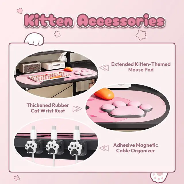 Alt view image 2 of 6 - Dowinx L-Shaped Gaming Desk with Cat Accessories - 43-Inch Black & Pink, Built-in Power Outlet, Monitor Shelf, and Side Storage, Sturdy Metal Frame for Gamers and Home Office