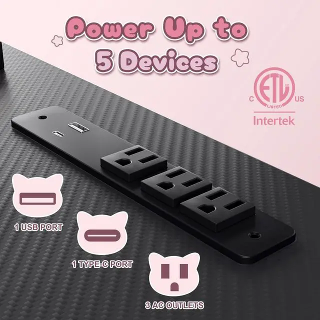 Alt view image 3 of 6 - Dowinx L-Shaped Gaming Desk with Cat Accessories - 43-Inch Black & Pink, Built-in Power Outlet, Monitor Shelf, and Side Storage, Sturdy Metal Frame for Gamers and Home Office