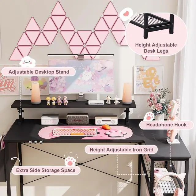 Alt view image 4 of 6 - Dowinx L-Shaped Gaming Desk with Cat Accessories - 43-Inch Black & Pink, Built-in Power Outlet, Monitor Shelf, and Side Storage, Sturdy Metal Frame for Gamers and Home Office