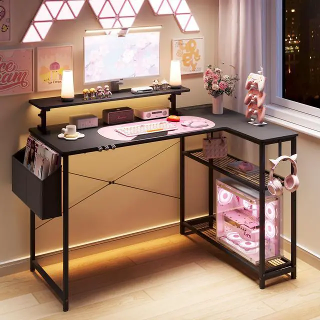 Alt view image 5 of 6 - Dowinx L-Shaped Gaming Desk with Cat Accessories - 43-Inch Black & Pink, Built-in Power Outlet, Monitor Shelf, and Side Storage, Sturdy Metal Frame for Gamers and Home Office