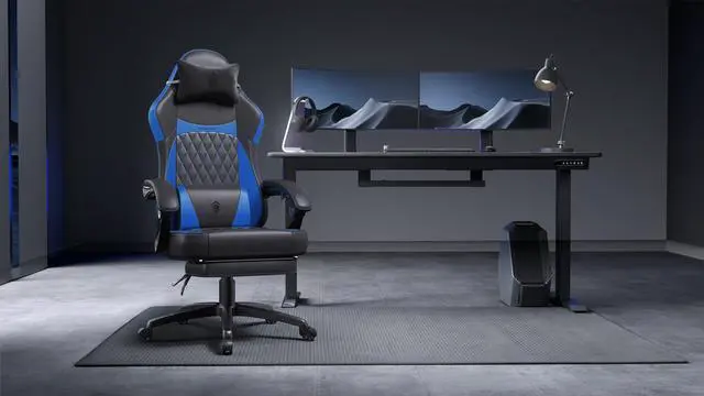 Alt view image 7 of 7 - Dowinx Ergonomic Gaming Chair with Pocket Spring Cushion and Massage Lumbar Support, High Back Leather Office Chair with Footrest, 300LBS Capacity, Black Blue