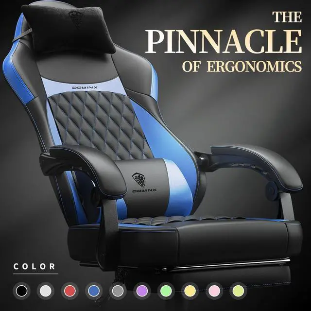 Alt view image 4 of 7 - Dowinx Ergonomic Gaming Chair with Pocket Spring Cushion and Massage Lumbar Support, High Back Leather Office Chair with Footrest, 300LBS Capacity, Black Blue
