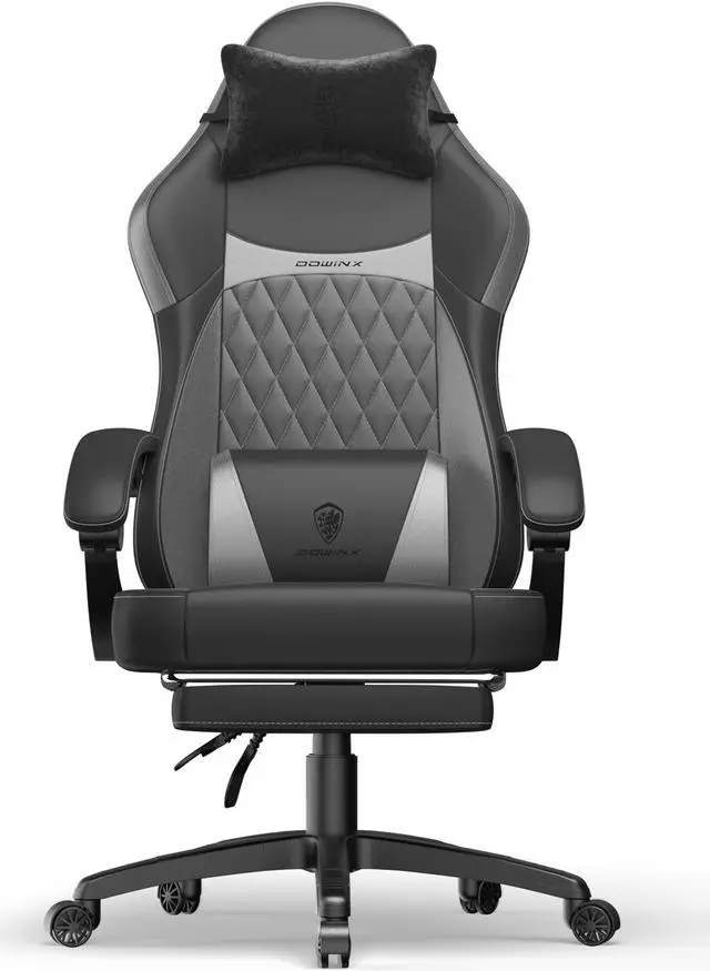 Main image of Dowinx Ergonomic Gaming Chair with Pocket Spring Cushion and Massage Lumbar Support, High Back Leather Office Chair with Footrest, 300LBS Capacity, Black Grey