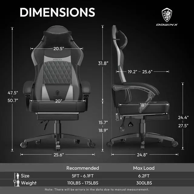 Alt view image 6 of 7 - Dowinx Ergonomic Gaming Chair with Pocket Spring Cushion and Massage Lumbar Support, High Back Leather Office Chair with Footrest, 300LBS Capacity, Black Grey