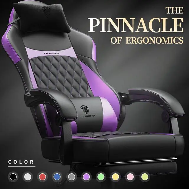 Alt view image 4 of 7 - Dowinx Ergonomic Gaming Chair with Pocket Spring Cushion and Massage Lumbar Support, High Back Leather Office Chair with Footrest, 300LBS Capacity, Black Purple