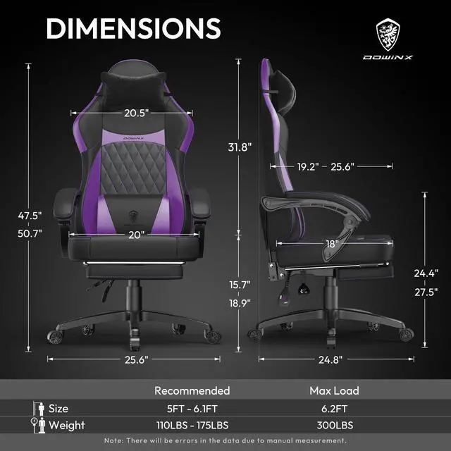 Alt view image 6 of 7 - Dowinx Ergonomic Gaming Chair with Pocket Spring Cushion and Massage Lumbar Support, High Back Leather Office Chair with Footrest, 300LBS Capacity, Black Purple