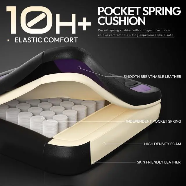 Alt view image 2 of 7 - Dowinx Ergonomic Gaming Chair with Pocket Spring Cushion and Massage Lumbar Support, High Back Leather Office Chair with Footrest, 300LBS Capacity, Black Purple