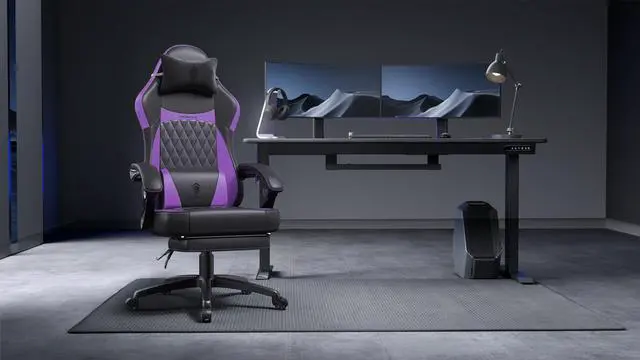 Alt view image 7 of 7 - Dowinx Ergonomic Gaming Chair with Pocket Spring Cushion and Massage Lumbar Support, High Back Leather Office Chair with Footrest, 300LBS Capacity, Black Purple