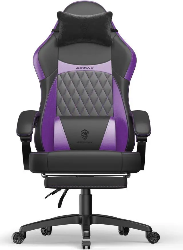Main image of Dowinx Ergonomic Gaming Chair with Pocket Spring Cushion and Massage Lumbar Support, High Back Leather Office Chair with Footrest, 300LBS Capacity, Black Purple