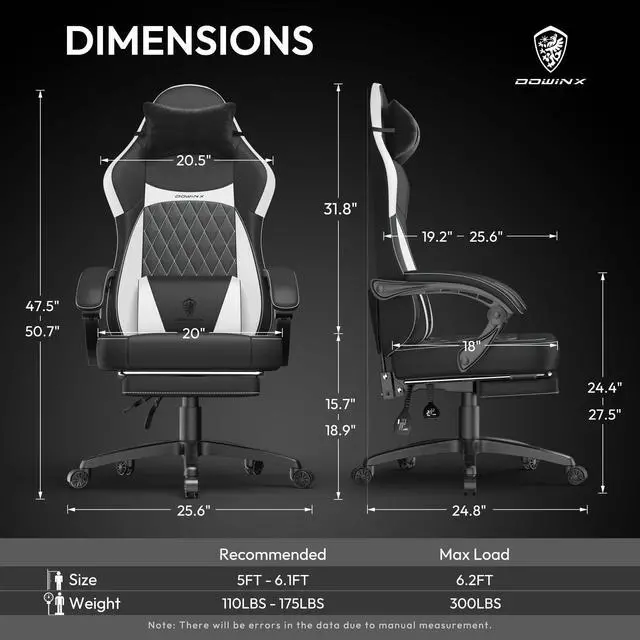 Alt view image 6 of 7 - Dowinx Ergonomic Gaming Chair with Pocket Spring Cushion and Massage Lumbar Support, High Back Leather Office Chair with Footrest, 300LBS Capacity, Black White