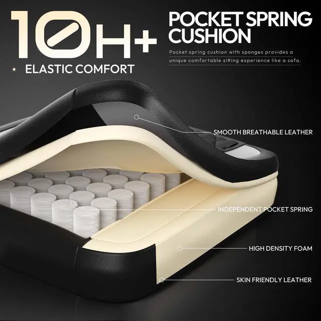 Alt view image 2 of 7 - Dowinx Ergonomic Gaming Chair with Pocket Spring Cushion and Massage Lumbar Support, High Back Leather Office Chair with Footrest, 300LBS Capacity, Black White