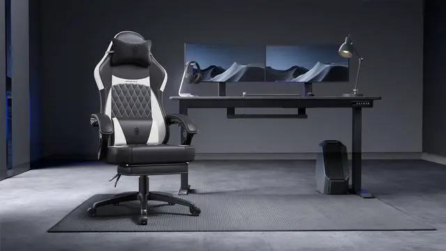 Alt view image 7 of 7 - Dowinx Ergonomic Gaming Chair with Pocket Spring Cushion and Massage Lumbar Support, High Back Leather Office Chair with Footrest, 300LBS Capacity, Black White