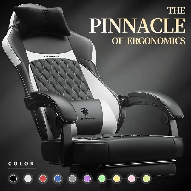 Alt view image 4 of 7 - Dowinx Ergonomic Gaming Chair with Pocket Spring Cushion and Massage Lumbar Support, High Back Leather Office Chair with Footrest, 300LBS Capacity, Black White