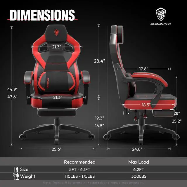 Alt view image 6 of 7 - Dowinx Fabric Gaming Chair with Footrest - Big and Tall, Wide Back Gamer Chair with Massage for Adults, 300lbs Capacity, Black Red Leather