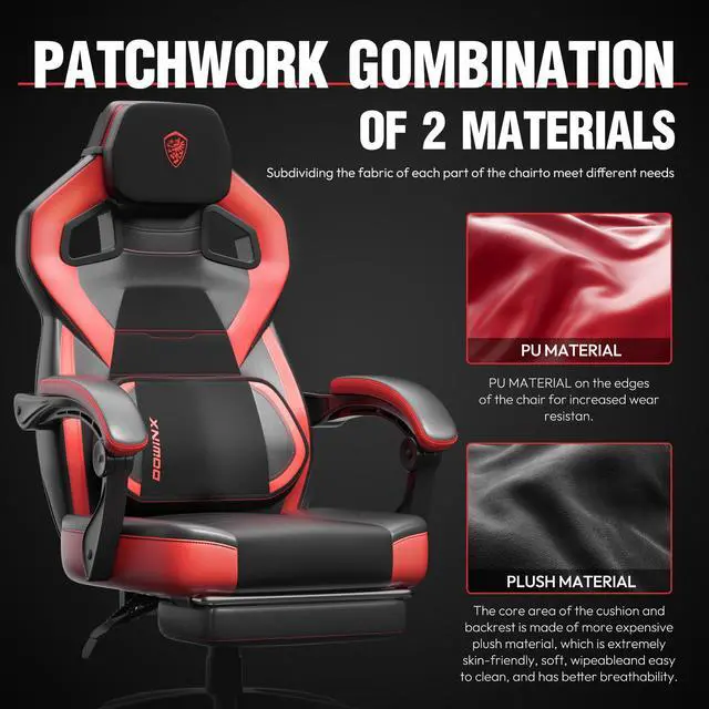 Alt view image 3 of 7 - Dowinx Fabric Gaming Chair with Footrest - Big and Tall, Wide Back Gamer Chair with Massage for Adults, 300lbs Capacity, Black Red Leather