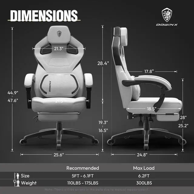 Alt view image 6 of 7 - Dowinx Fabric Gaming Chair with Footrest - Big and Tall, Wide Back Gamer Chair with Massage for Adults, 300lbs Capacity, Grey Fabric