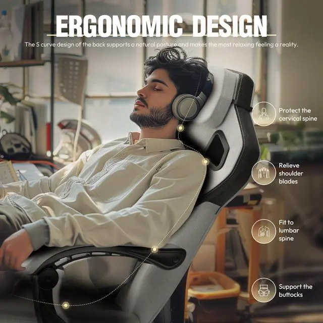 Alt view image 4 of 7 - Dowinx Fabric Gaming Chair with Footrest - Big and Tall, Wide Back Gamer Chair with Massage for Adults, 300lbs Capacity, Grey Fabric