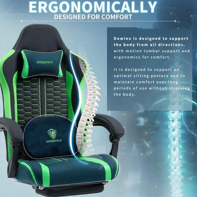 Alt view image 3 of 7 - Dowinx Gaming Chair with Heated Massage Lumbar Support, Ergonomic Gaming Computer Chair with Pocket Spring Cushion and Footrest, Recliner High Back PC Chair for Adult, 330lbs,LS-MB3704 Green