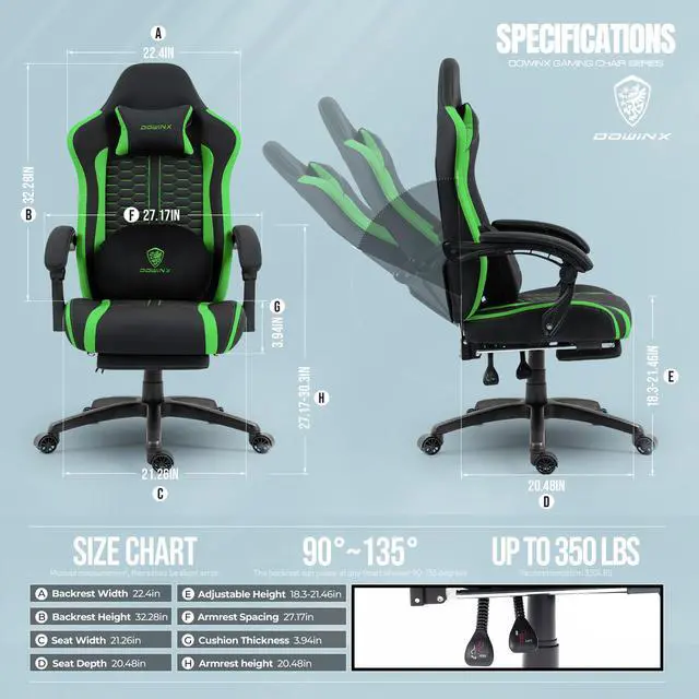 Alt view image 6 of 7 - Dowinx Gaming Chair with Heated Massage Lumbar Support, Ergonomic Gaming Computer Chair with Pocket Spring Cushion and Footrest, Recliner High Back PC Chair for Adult, 330lbs,LS-MB3704 Green