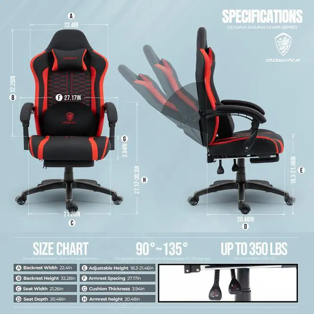 Alt view image 5 of 7 - Dowinx Gaming Chair with Heated Massage Lumbar Support, Ergonomic Gaming Computer Chair with Pocket Spring Cushion and Footrest, Recliner High Back PC Chair for Adult, 330lbs,LS-MB3703 Red