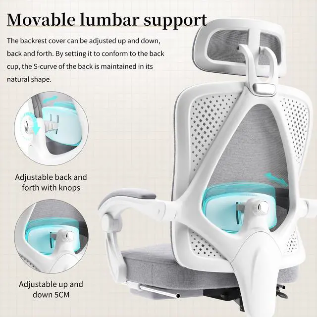 Alt view image 4 of 7 - Dowinx Ergonomic Office Chair,Breathable Mesh Computer Chair with Pocket Spring Cushion,Comfy Desk Chair with Adjustable Lumbar Support and Headrest,LS-66WB0105 Grey