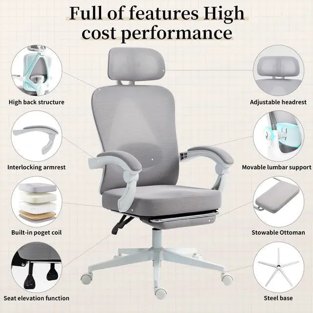 Alt view image 2 of 7 - Dowinx Ergonomic Office Chair,Breathable Mesh Computer Chair with Pocket Spring Cushion,Comfy Desk Chair with Adjustable Lumbar Support and Headrest,LS-66WB0105 Grey