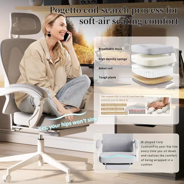 Alt view image 5 of 7 - Dowinx Ergonomic Office Chair,Breathable Mesh Computer Chair with Pocket Spring Cushion,Comfy Desk Chair with Adjustable Lumbar Support and Headrest,LS-66WB0105 Grey