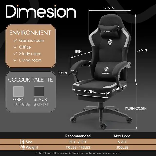Alt view image 3 of 7 - Dowinx Fabric Gaming Chair with Pocket Spring Cushion,Breathable Computer Chair with Lumbar Support and Footrest,High Back Game Office Chair for Adult,LS-6657K04 Black