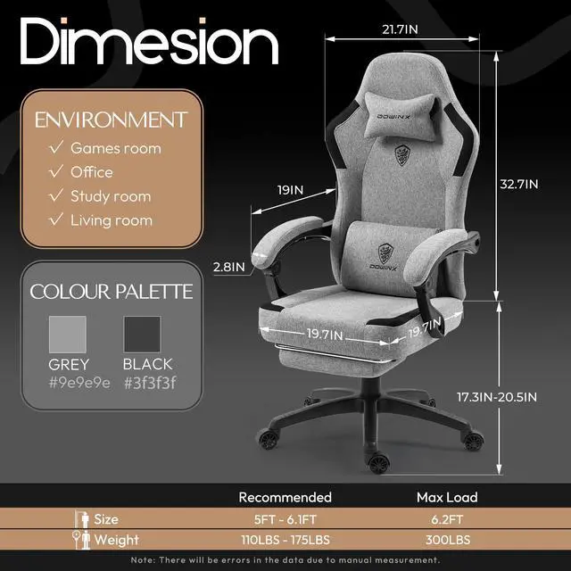 Alt view image 3 of 7 - Dowinx Fabric Gaming Chair with Pocket Spring Cushion,Grey,Breathable Computer Chair with Lumbar Support and Footrest,High Back Game Office Chair for Adult,LS-6657K01