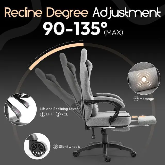 Alt view image 4 of 7 - Dowinx Fabric Gaming Chair with Pocket Spring Cushion,Grey,Breathable Computer Chair with Lumbar Support and Footrest,High Back Game Office Chair for Adult,LS-6657K01