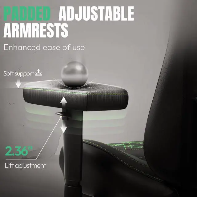 Alt view image 5 of 7 - Dowinx Gaming Chair with Heated Massage Lumbar Support,Ergonomic Computer Chair with Pocket Spring Cushion,Reclining Game Chair,Adjustable Armrests and Footrest,LS-6650D03,Green