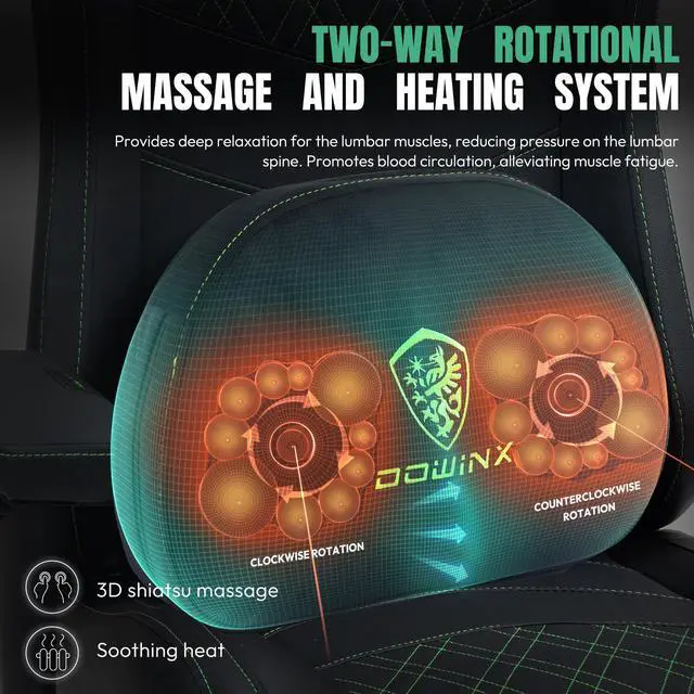 Alt view image 2 of 7 - Dowinx Gaming Chair with Heated Massage Lumbar Support,Ergonomic Computer Chair with Pocket Spring Cushion,Reclining Game Chair,Adjustable Armrests and Footrest,LS-6650D03,Green