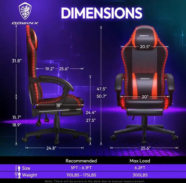 Alt view image 5 of 7 - Dowinx Gaming Chair with RGB Lights, LED Gaming Chair with Footrest for Adults, Video Game Chair PU Leather, Ergonomic Gaming Chair with Massage Lumbar Support,LS-66LED0303 Red
